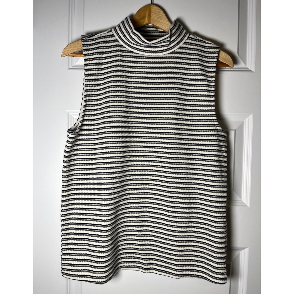 Loft Womens XLP Petite Mock Neck Sleeveless Striped Top Black White